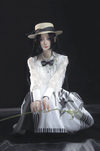 Ruffled Lolita Skirt - White/black Lily Printed, 2 Colors, Embroidered, Gothic Style - additional product view 4