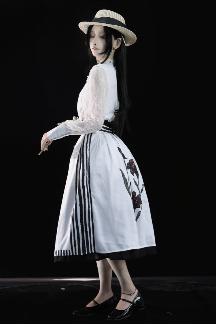 Ruffled Lolita Skirt - White/black Lily Printed, 2 Colors, Embroidered, Gothic Style - additional product view 5