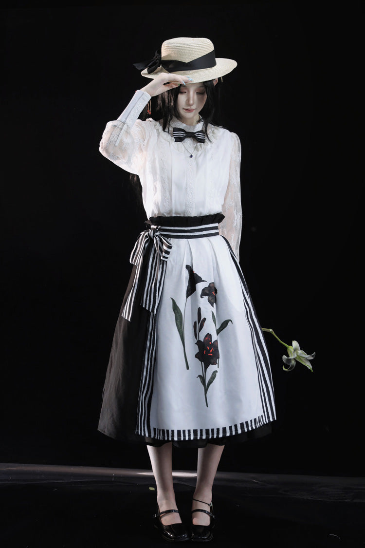Ruffled Lolita Skirt - White/black Lily Printed, 2 Colors, Embroidered, Gothic Style - additional product view 6