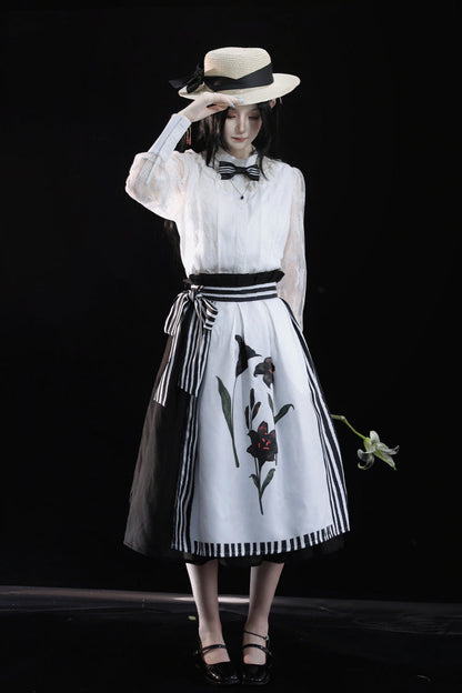Ruffled Lolita Skirt - White/black Lily Printed, 2 Colors, Embroidered, Gothic Style - additional product view 6