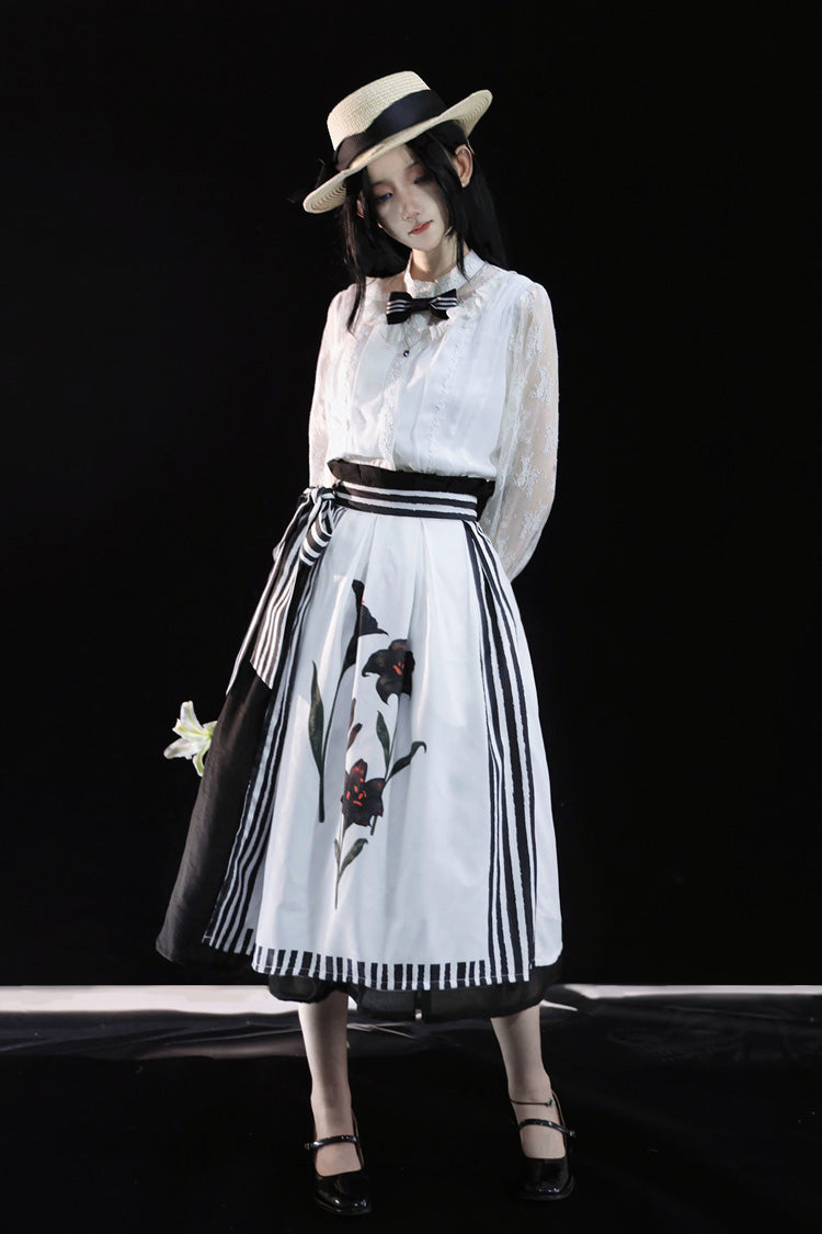 Ruffled Lolita Skirt - White/black Lily Printed, 2 Colors, Embroidered, Gothic Style - main product image