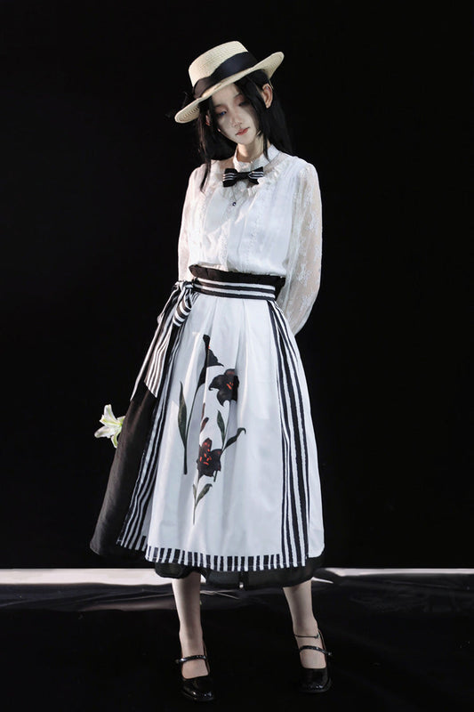 Ruffled Lolita Skirt - White/black Lily Printed, 2 Colors, Embroidered, Gothic Style - main product image