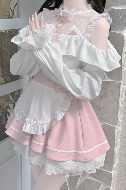 Ruffled Lolita Skirt - White/pink Off Shoulder, 2 Colors, Ruffled, Long Sleeves - additional product view 2