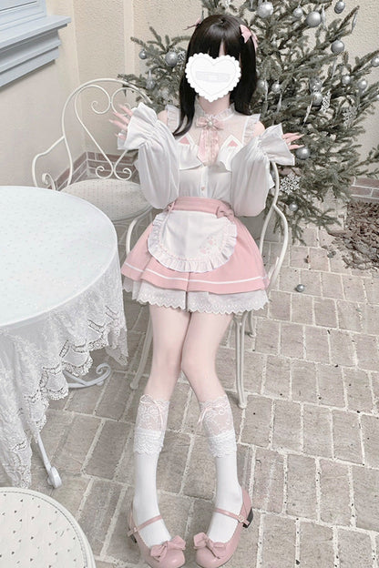 Ruffled Lolita Skirt - White/pink Off Shoulder, 2 Colors, Ruffled, Long Sleeves - additional product view 5