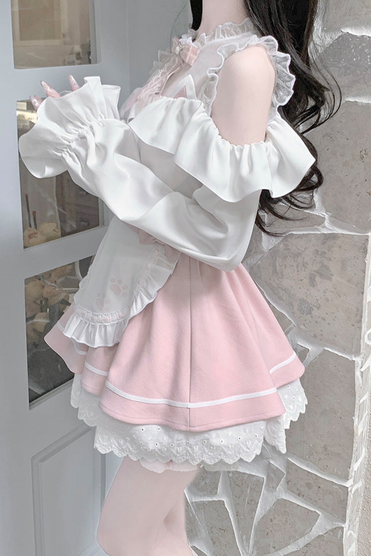 Ruffled Lolita Skirt - White/pink Off Shoulder, 2 Colors, Ruffled, Long Sleeves - additional product view 6