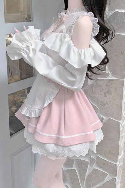 Ruffled Lolita Skirt - White/pink Off Shoulder, 2 Colors, Ruffled, Long Sleeves - additional product view 6