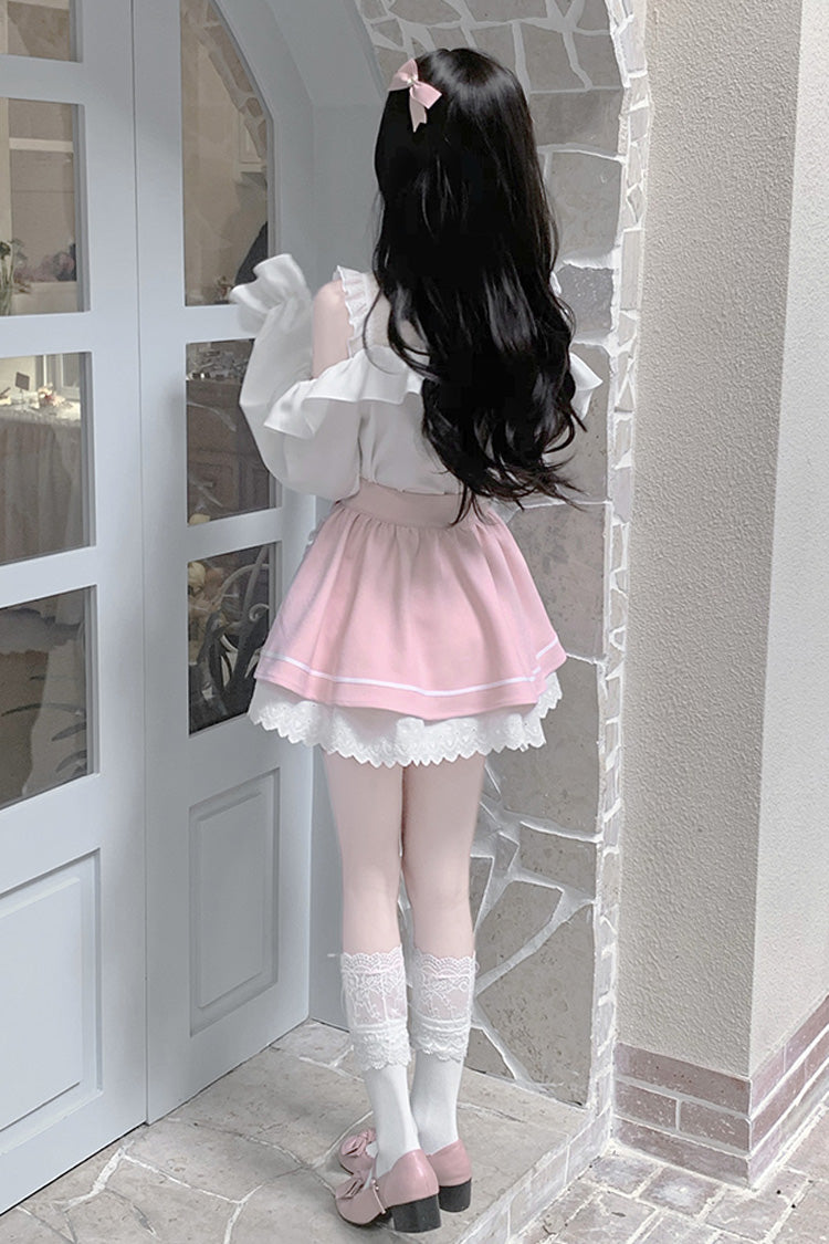 Ruffled Lolita Skirt - White/pink Off Shoulder, 2 Colors, Ruffled, Long Sleeves - additional product view 7