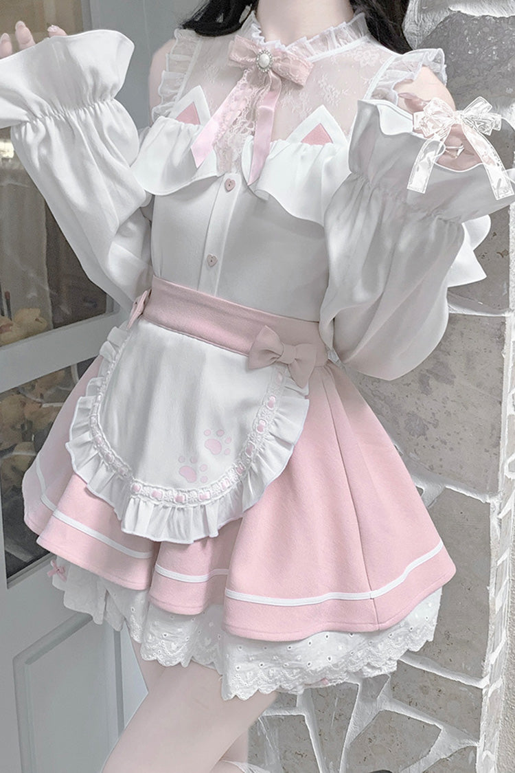 Ruffled Lolita Skirt - White/pink Off Shoulder, 2 Colors, Ruffled, Long Sleeves - additional product view 8