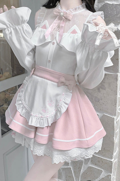 Ruffled Lolita Skirt - White/pink Off Shoulder, 2 Colors, Ruffled, Long Sleeves - additional product view 8