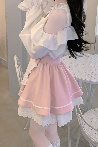 Ruffled Lolita Skirt - White/pink Off Shoulder, 2 Colors, Ruffled, Long Sleeves - additional product view 9