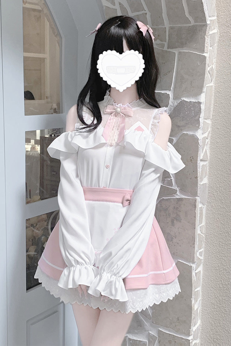 Ruffled Lolita Skirt - White/pink Off Shoulder, 2 Colors, Ruffled, Long Sleeves - main product image