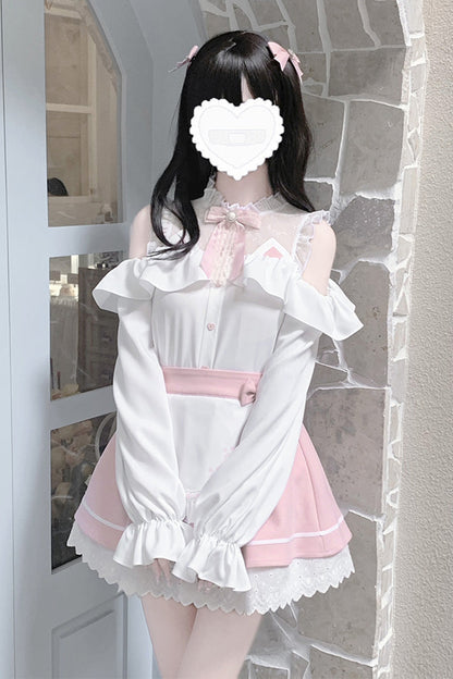 Ruffled Lolita Skirt - White/pink Off Shoulder, 2 Colors, Ruffled, Long Sleeves - main product image