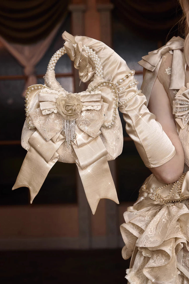 Sweet Lolita Bag - Champagne Satin Gilded 3d, Champagne, Bow Detail, Lace Trim - additional product view 4