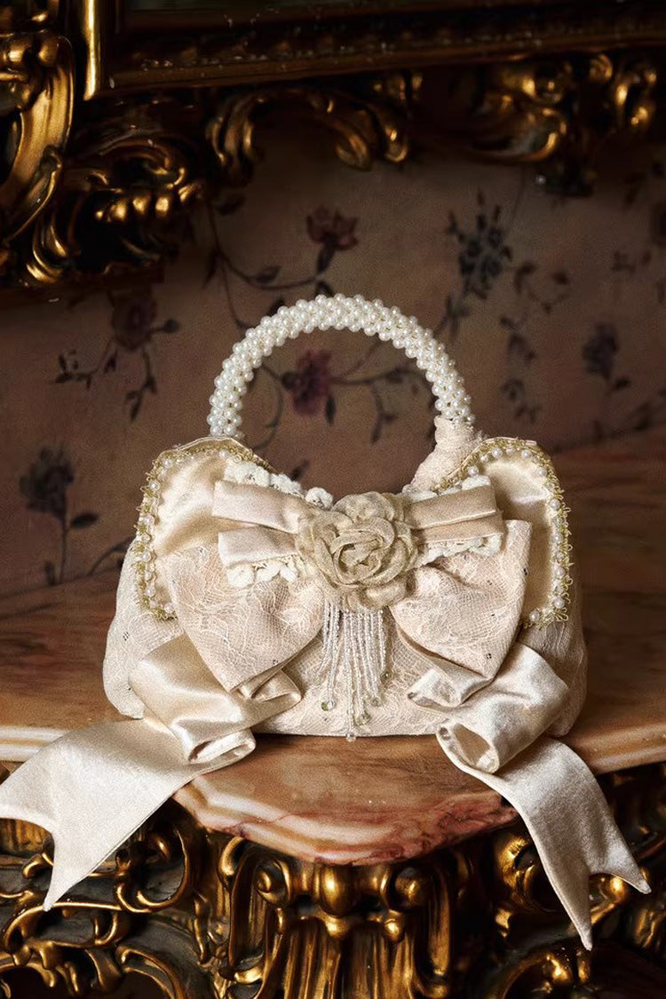 Sweet Lolita Bag - Champagne Satin Gilded 3d, Champagne, Bow Detail, Lace Trim - main product image