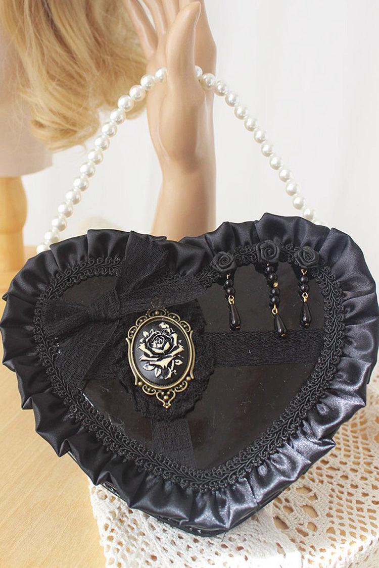 Sweet Lolita Bag - Heart, 3 Colors, Bow Detail, Lace Trim, Gothic Style - One-Size Black option
