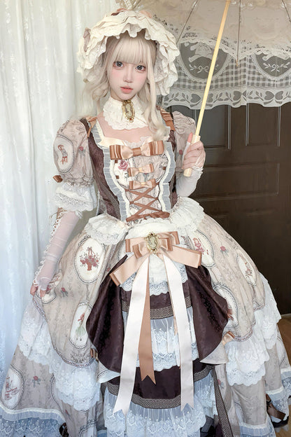 Sweet Lolita Dress - Baker Street Tea Party, Brown, High Waist, Bow Detail, Lace Trim - additional product view 2
