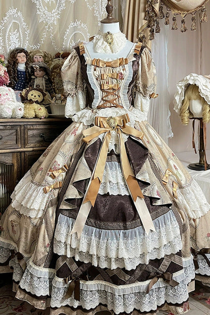Sweet Lolita Dress - Baker Street Tea Party, Brown, High Waist, Bow Detail, Lace Trim - additional product view 3