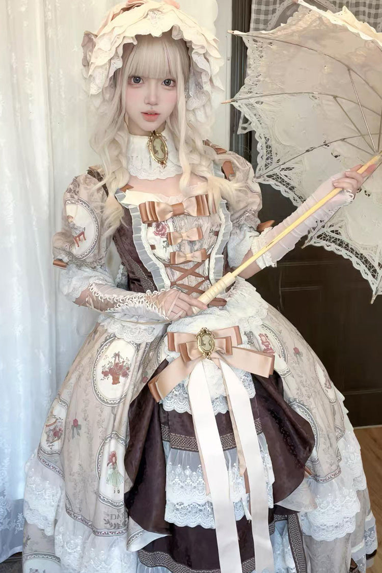 Sweet Lolita Dress - Baker Street Tea Party, Brown, High Waist, Bow Detail, Lace Trim - additional product view 5