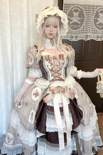 Sweet Lolita Dress - Baker Street Tea Party, Brown, High Waist, Bow Detail, Lace Trim - additional product view 6