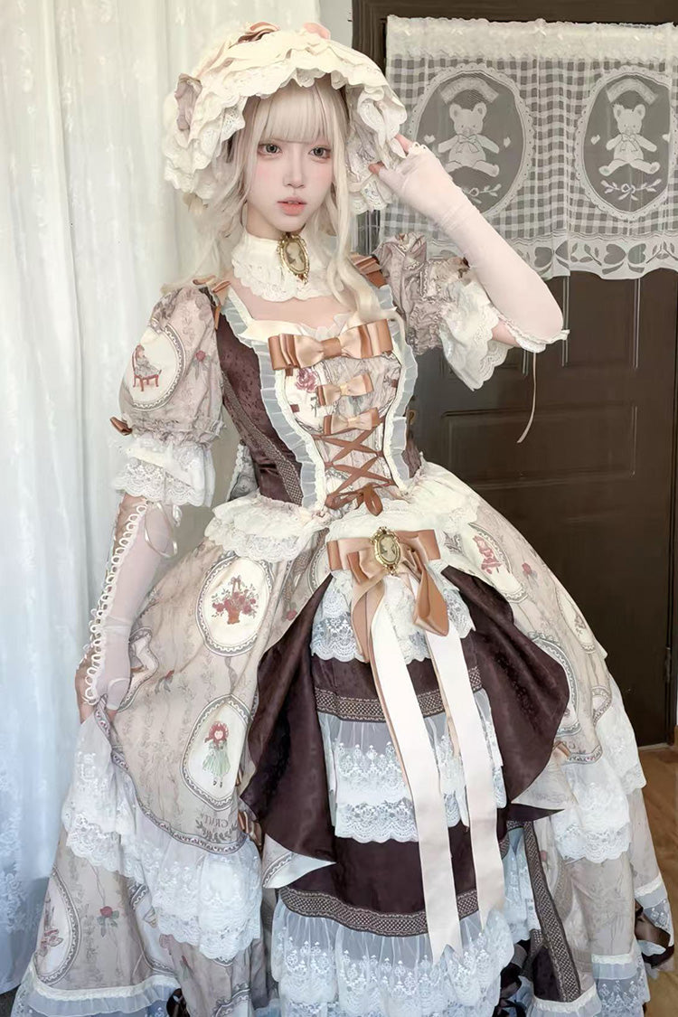 Sweet Lolita Dress - Baker Street Tea Party, Brown, High Waist, Bow Detail, Lace Trim - additional product view 7