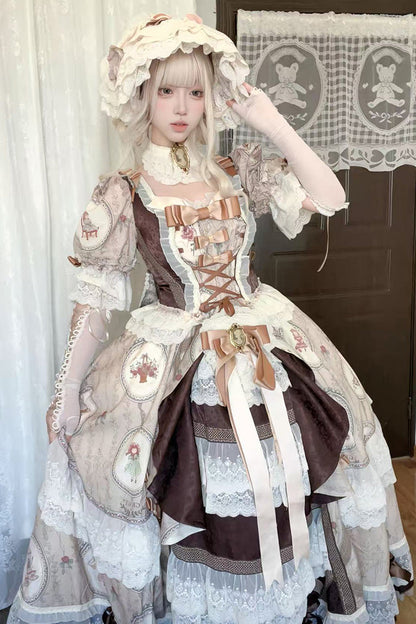 Sweet Lolita Dress - Baker Street Tea Party, Brown, High Waist, Bow Detail, Lace Trim - additional product view 7