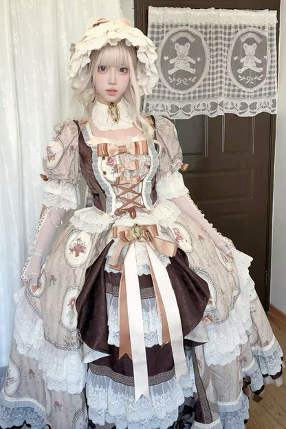 Sweet Lolita Dress - Baker Street Tea Party, Brown, High Waist, Bow Detail, Lace Trim - additional product view 8