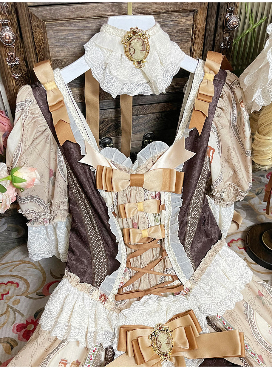 Sweet Lolita Dress - Baker Street Tea Party, Brown, High Waist, Bow Detail, Lace Trim - additional product view 10