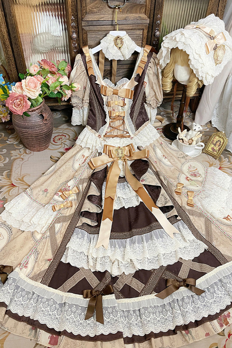 Sweet Lolita Dress - Baker Street Tea Party, Brown, High Waist, Bow Detail, Lace Trim - additional product view 11