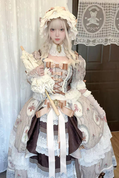 Sweet Lolita Dress - Baker Street Tea Party, Brown, High Waist, Bow Detail, Lace Trim - main product image