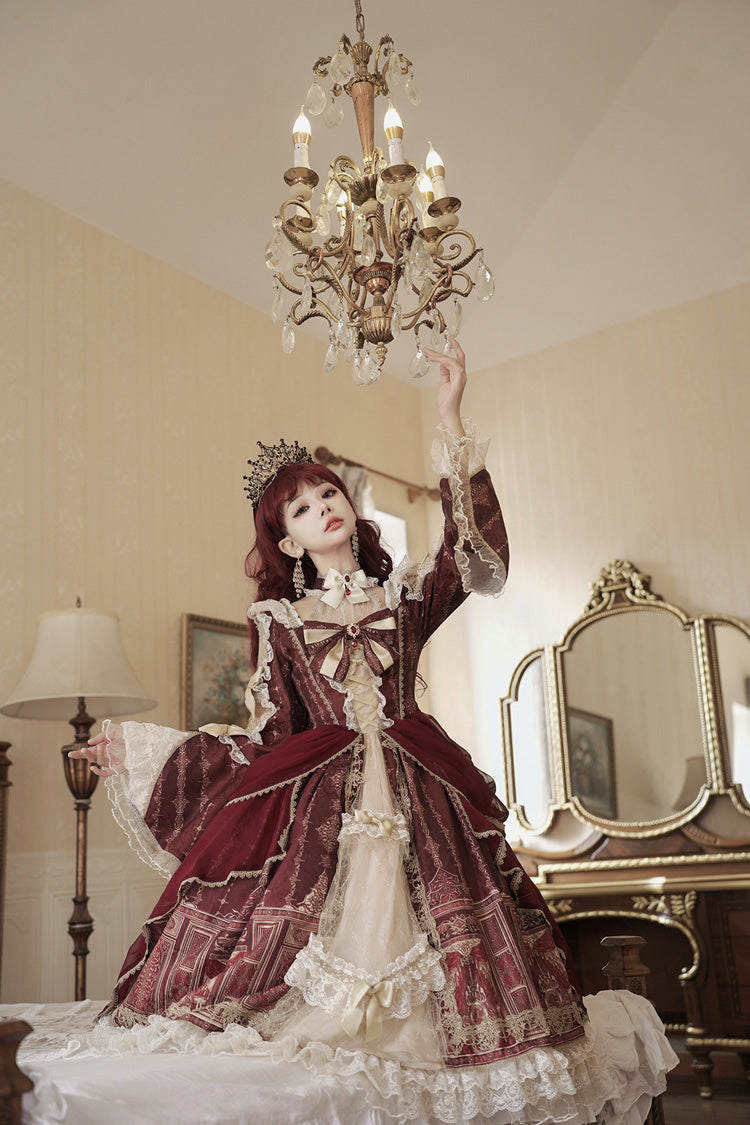 Sweet Lolita Dress - Baroque Palace Print, Red, Printed, Long Sleeves, Classic Style - additional product view 2