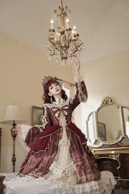 Sweet Lolita Dress - Baroque Palace Print, Red, Printed, Long Sleeves, Classic Style - additional product view 2