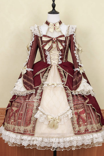 Sweet Lolita Dress - Baroque Palace Print, Red, Printed, Long Sleeves, Classic Style - additional product view 3
