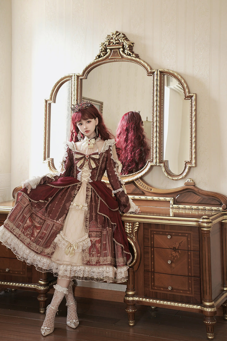 Sweet Lolita Dress - Baroque Palace Print, Red, Printed, Long Sleeves, Classic Style - additional product view 4