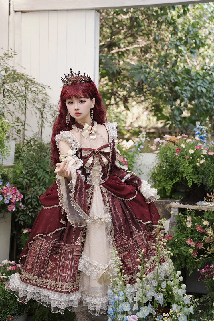 Sweet Lolita Dress - Baroque Palace Print, Red, Printed, Long Sleeves, Classic Style - additional product view 5