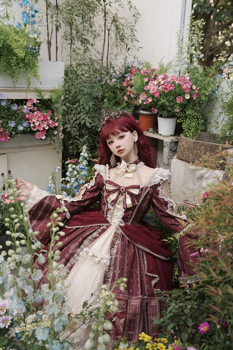 Sweet Lolita Dress - Baroque Palace Print, Red, Printed, Long Sleeves, Classic Style - additional product view 7