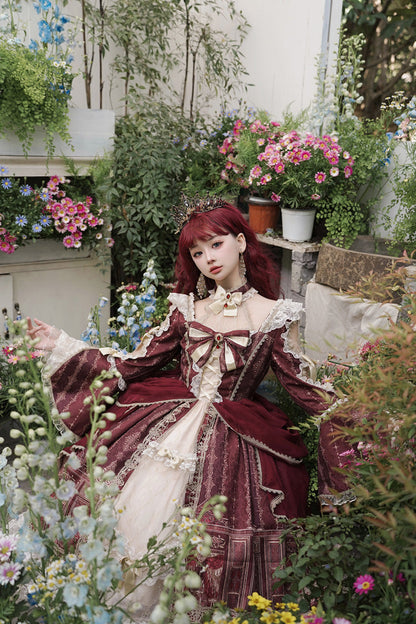 Sweet Lolita Dress - Baroque Palace Print, Red, Printed, Long Sleeves, Classic Style - additional product view 7