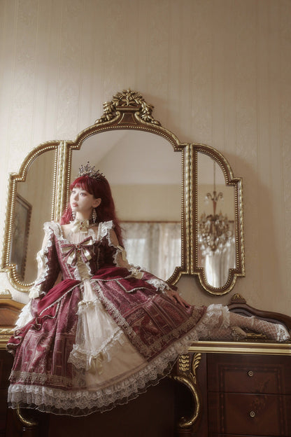 Sweet Lolita Dress - Baroque Palace Print, Red, Printed, Long Sleeves, Classic Style - additional product view 8