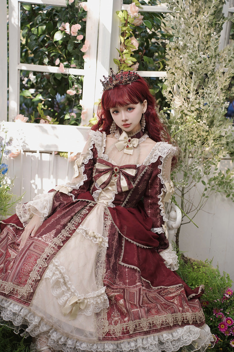 Sweet Lolita Dress - Baroque Palace Print, Red, Printed, Long Sleeves, Classic Style - additional product view 9
