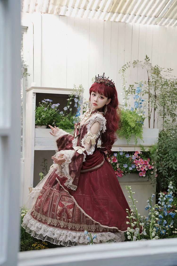 Sweet Lolita Dress - Baroque Palace Print, Red, Printed, Long Sleeves, Classic Style - additional product view 11