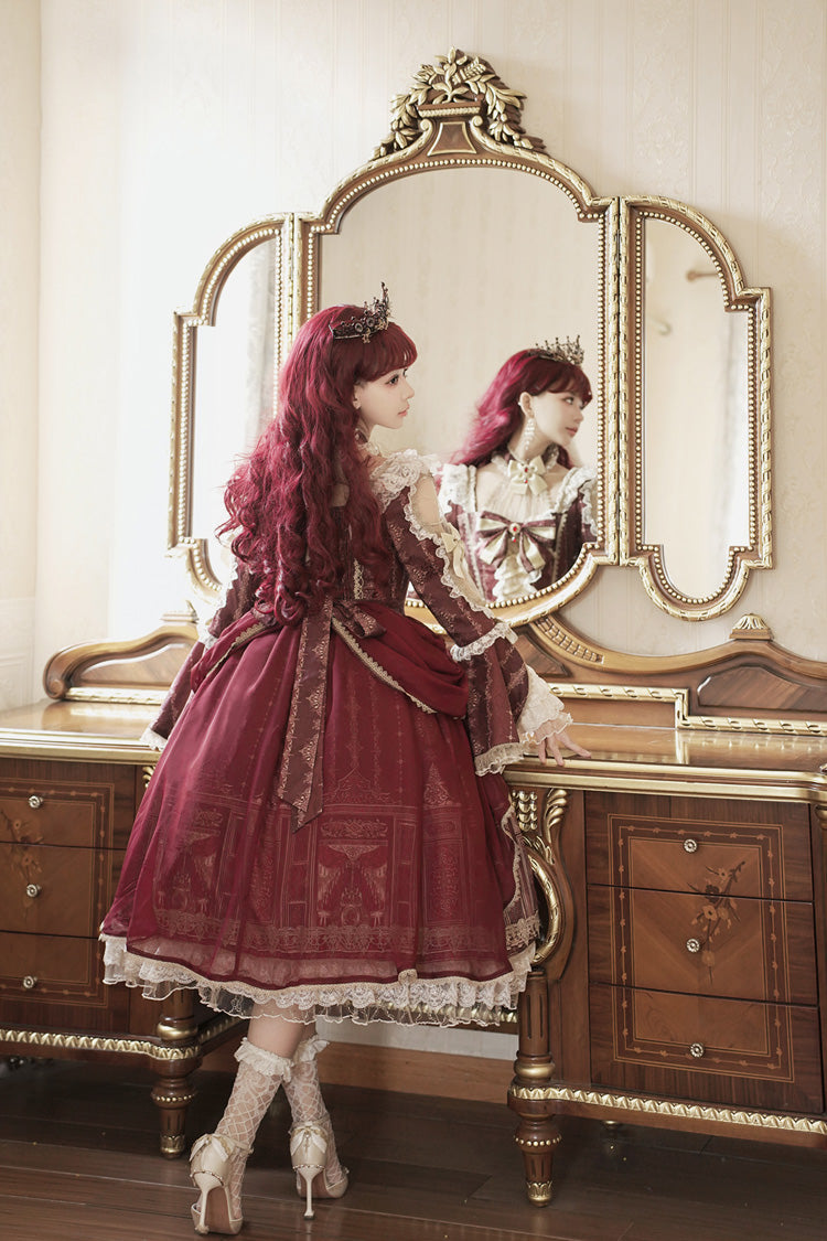 Sweet Lolita Dress - Baroque Palace Print, Red, Printed, Long Sleeves, Classic Style - additional product view 13