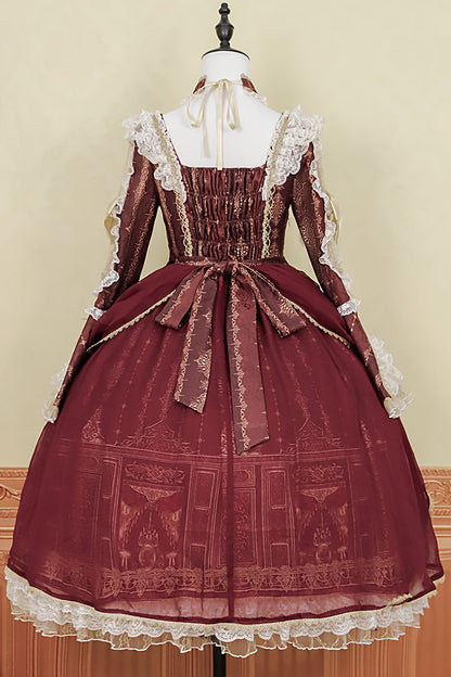 Sweet Lolita Dress - Baroque Palace Print, Red, Printed, Long Sleeves, Classic Style - additional product view 14
