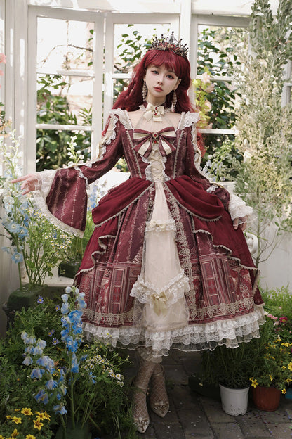 Sweet Lolita Dress - Baroque Palace Print, Red, Printed, Long Sleeves, Classic Style - main product image
