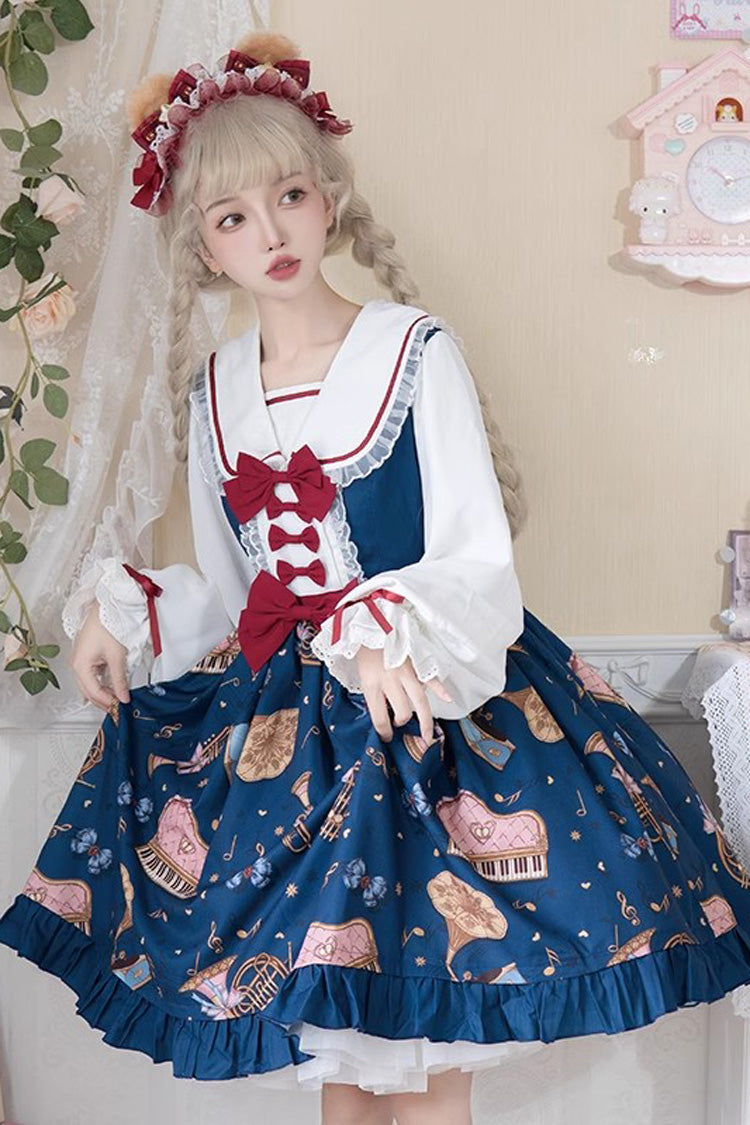 Sweet Lolita Dress - Bear Band, 3 Colors, Long Sleeves, Bow Detail, Lace Trim - main product image