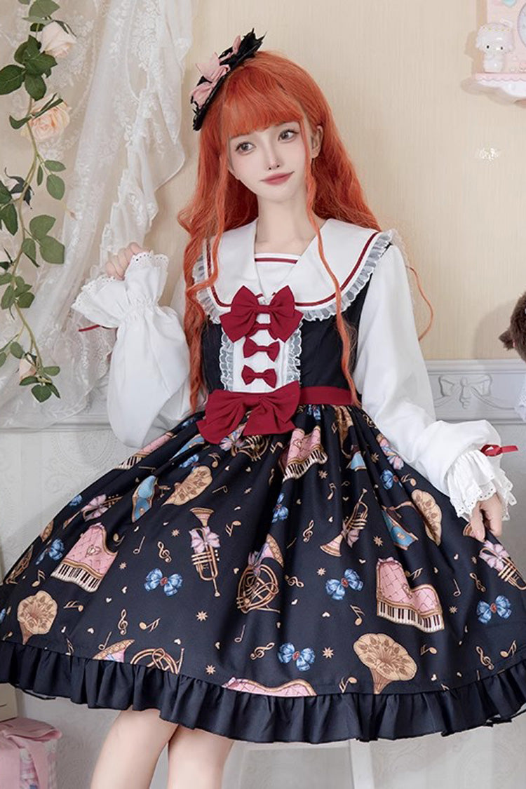 Sweet Lolita Dress - Bear Band, 3 Colors, Long Sleeves, Bow Detail, Lace Trim - S Black / M Black / L Black option