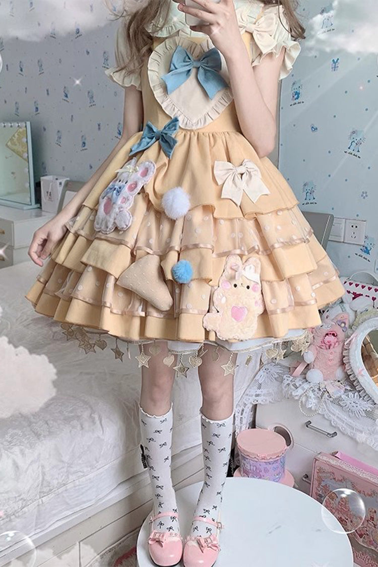 Sweet Lolita Dress - Bear Cheese Multi-layer Print, Yellow, Ruffled, Printed, Bow Detail - additional product view 2