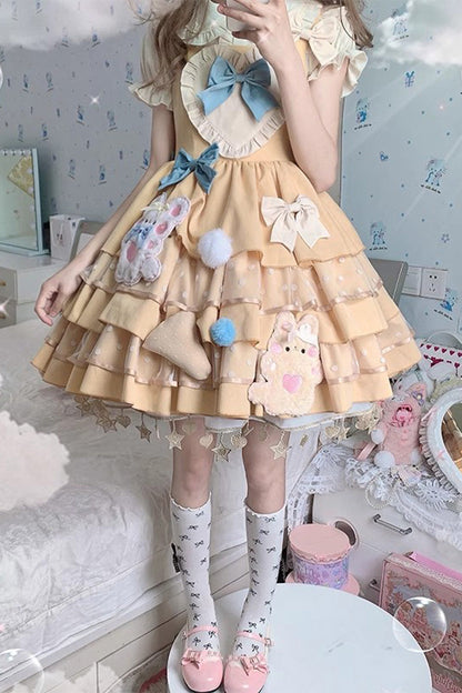 Sweet Lolita Dress - Bear Cheese Multi-layer Print, Yellow, Ruffled, Printed, Bow Detail - additional product view 2