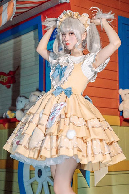 Sweet Lolita Dress - Bear Cheese Multi-layer Print, Yellow, Ruffled, Printed, Bow Detail - additional product view 3