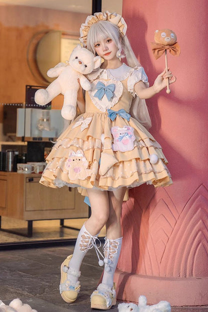 Sweet Lolita Dress - Bear Cheese Multi-layer Print, Yellow, Ruffled, Printed, Bow Detail - main product image