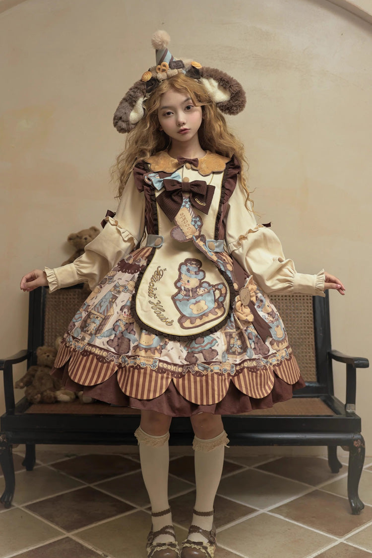 Sweet Lolita Dress - Bear Cookie, 2 Colors, Long Sleeves, Bow Detail, Printed - additional product view 2