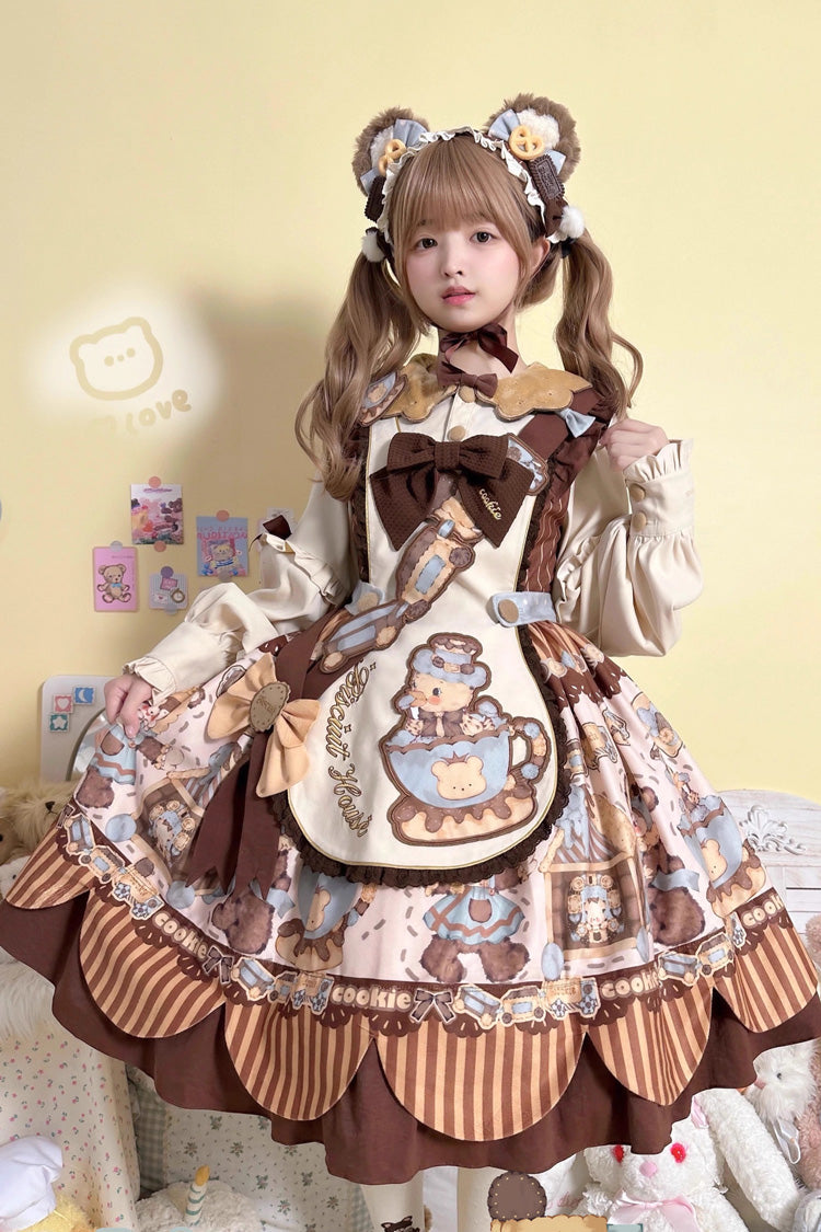 Sweet Lolita Dress - Bear Cookie, 2 Colors, Long Sleeves, Bow Detail, Printed - additional product view 5